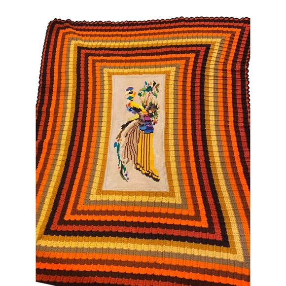 MidCentury Crochet Needlework Afghan Peacock 86